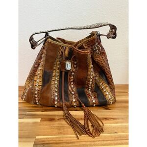 Raviani Brown Mixed Fur Leather Reptile Print Drawstring Bag and Matching Wallet
